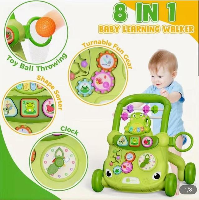 8-in-1 Baby Walker Sit-to-Stand Push Walker with Activity Table, Musical Learning Center, Trolley & Stroller Toy for Infants 18 + Green